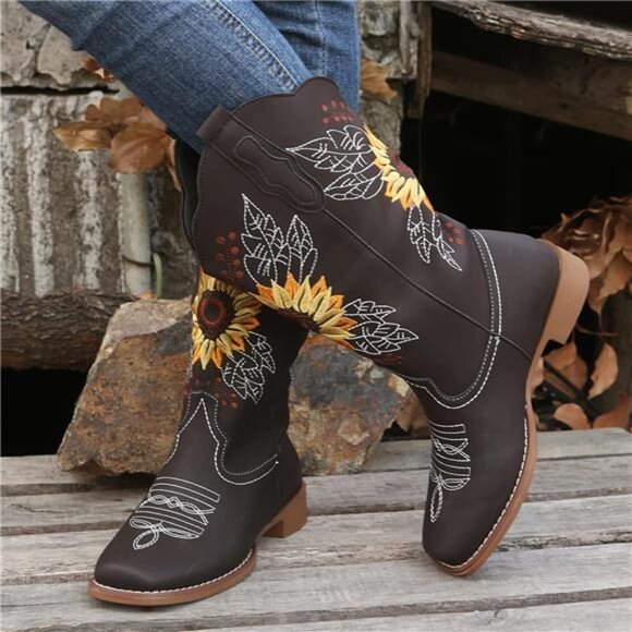 NEW Women's Sunflower Cowgirl Boots, Square Toe Western Embroidery Mid Calf - Picture 4 of 7